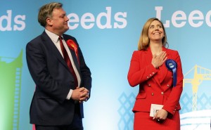 Conservative candidate Andrea Jenkyns reacts after being declared the new member of parliament for Morley and Outwood, while Britain's opposition Labour Party shadow Chancellor Ed Balls looks on, in Leeds,  on May 8, 2015.