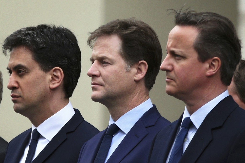 Ed Miliband, Nick Clegg and David Cameron, a day after Britain's general election, as they line up to pay tribute at the Cenotaph during a Victory in Europe (VE) day ceremony in central London, May 8, 2015.