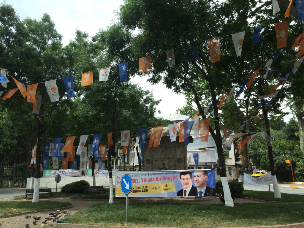 A roundabout is decked out in the colours of the ruling AKP in Istanbul.