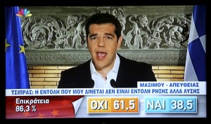 Greek Prime Minister Alexis Tsipras addresses the public after Greece's "no" vote in a key referendum.