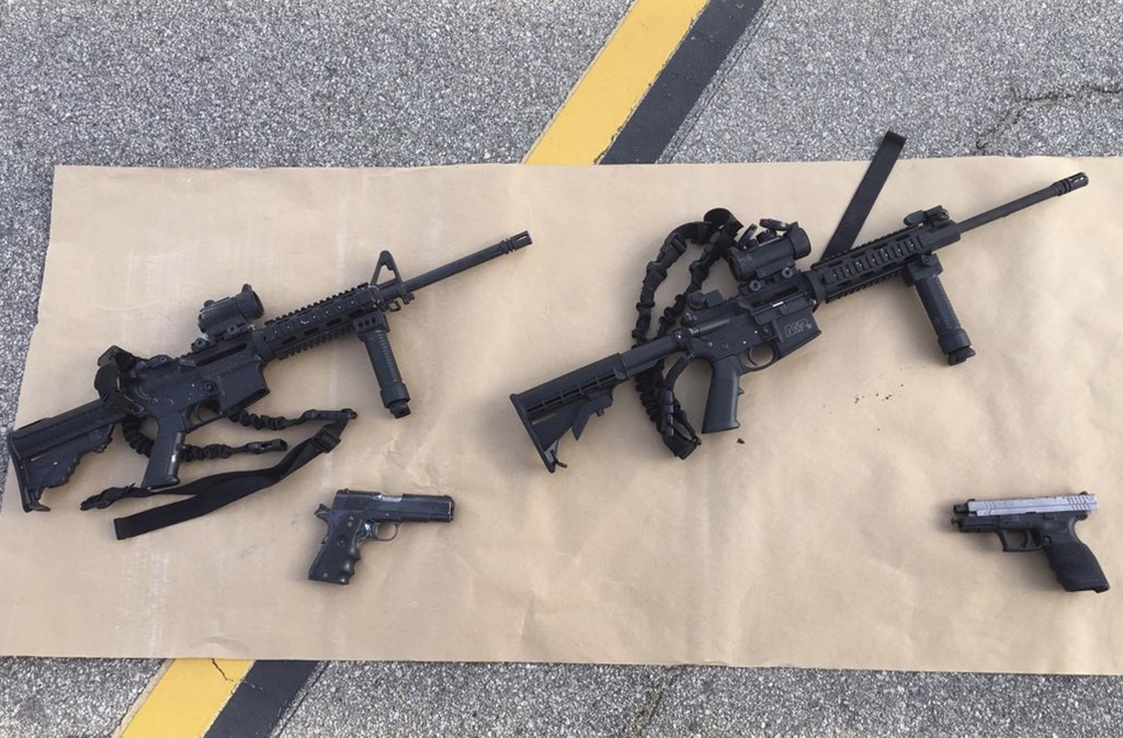 Weapons confiscated from last Wednesday's attack in San Bernardino, California are shown in this San Bernardino County Sheriff Department handout photo from their Twitter account.